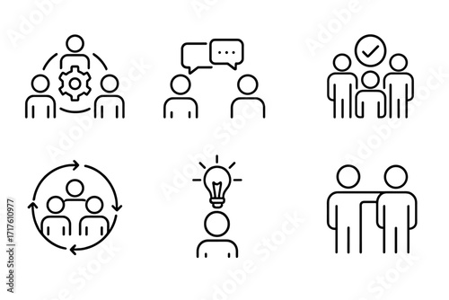 Thin line vector icon set illustrating teamwork, communication, collaboration, and idea sharing for business, company, nonprofit, group work, partnership, and cooperation concepts