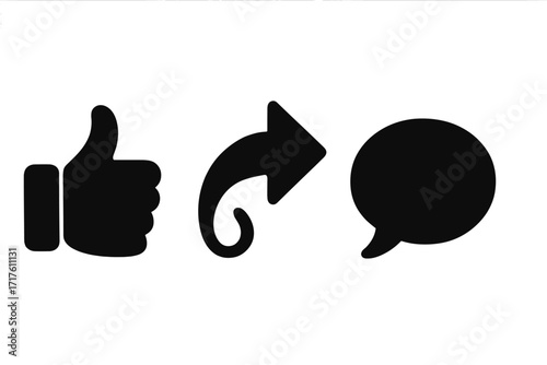 Social media icons set with thumbs up like, share arrow symbol, and comment bubble in black silhouette style, vector cartoon illustration for digital communication and social networking design