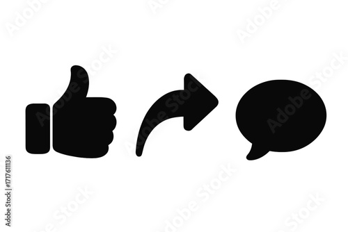 Social media icons set with thumbs up like, share arrow, and comment bubble, black silhouette style, vector cartoon illustration, transparency, digital communication symbols