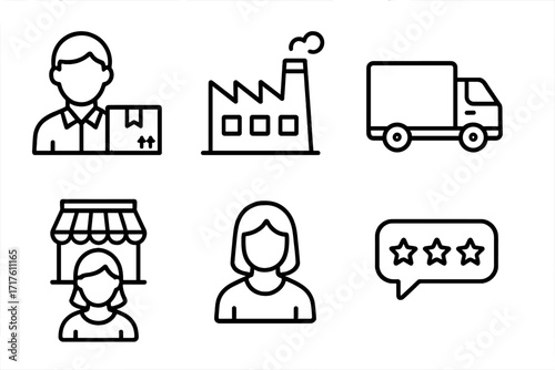 Supply chain linear icons set including supplier, production factory, transport truck, retailer shop, consumer, and feedback stars, vector cartoon illustration with transparent background, ordered set