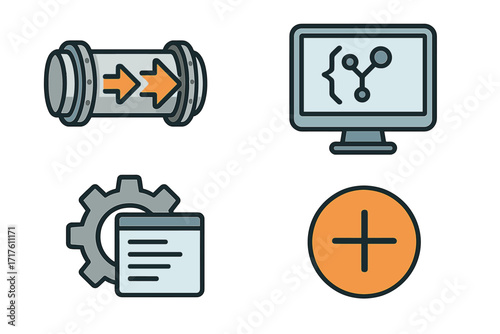 Technology workflow icons set with pipeline flow, code merge, build gear, and add plus symbol, vector cartoon illustration with transparent background, ordered technology process symbols