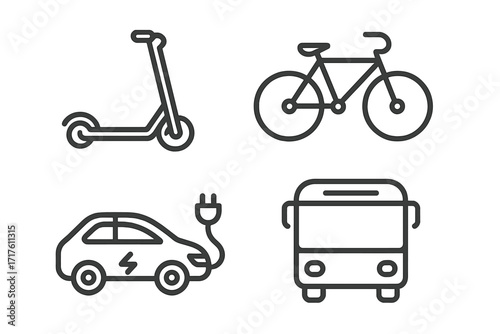 Urban mobility icons set in simple linear style including electric scooter, bicycle, electric car with charging plug, and city bus, modern transportation solutions vector illustration