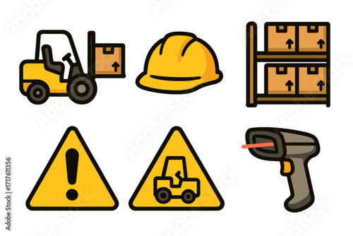 Warehouse safety icons set with forklift, hard hat, inventory scanner, warning signs, equipment symbols, industrial safety, caution signs, logistics and storage vector cartoon illustration