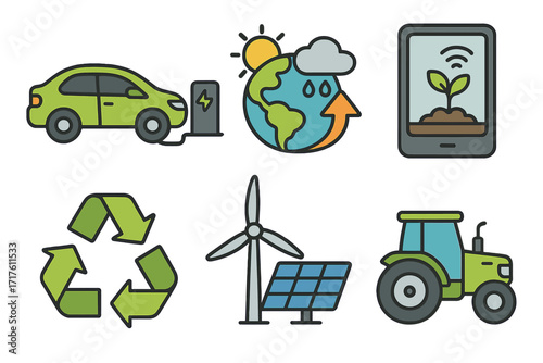 Sustainability and green technology vector icons with electric vehicles, climate change, renewable energy, smart agriculture, recycling, wind turbines, solar panels, eco-friendly concepts