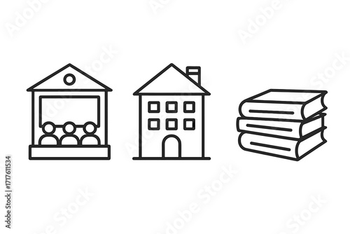 University and college education icon set. Simple line art symbols for learning, study, and knowledge. Includes lecture hall with students, campus building, and stacked books.