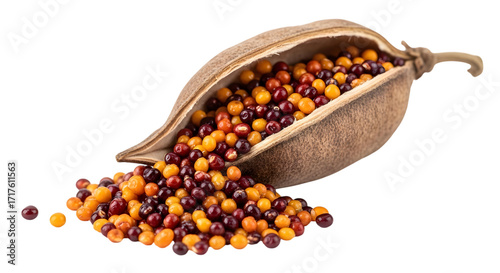 Open seed pod with colorful seeds spilling out, isolated on transparent background