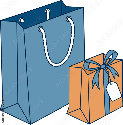 Isolated festive 3D illustration showing elegant gift bags with ribbon bow and card for celebration packaging.