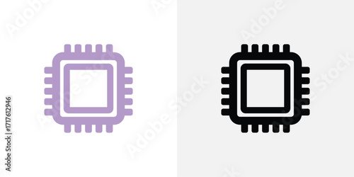 Two icons of a computer microchip processor in different colors