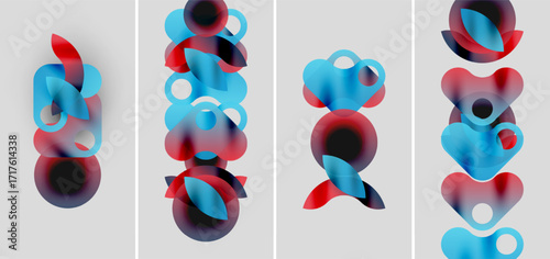 Abstract composition featuring overlapping circles. Red, blue hues dominate neutral background. Minimalist design, modern aesthetic.