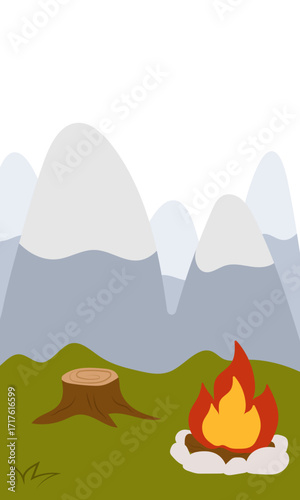 Flat vector illustration of camping outdoors. Mountains, campfire, tent, nature, camper, trees, coffee, backpack, guitar, kettle, boiler, tea, silence, calm, peace, marshmallows on fire