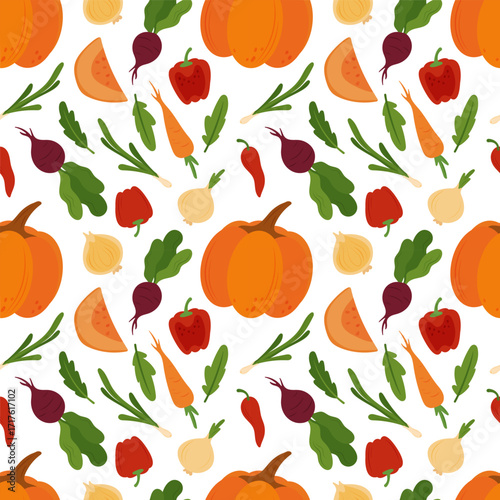 Simple flat vegetables seamless pattern. Colorful autumn harvest of pumpkin zucchini eggplant cucumber potato onion pepper tomato cabbage corn carrot for healthy and vegetarian food design