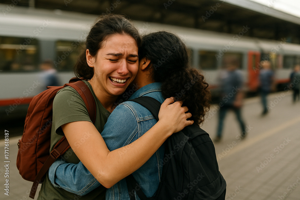 Fototapeta premium Friends Hugging at Train Station During Farewell Reunion