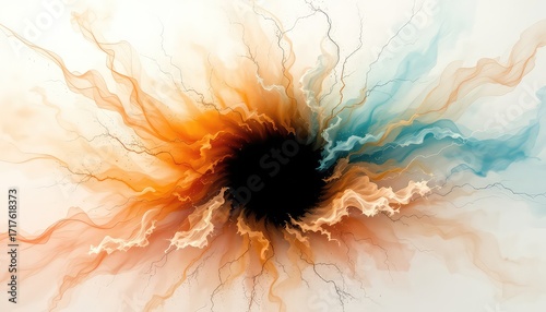 Abstract vortex design featuring wispy blue and orange elements emanating from a central black void