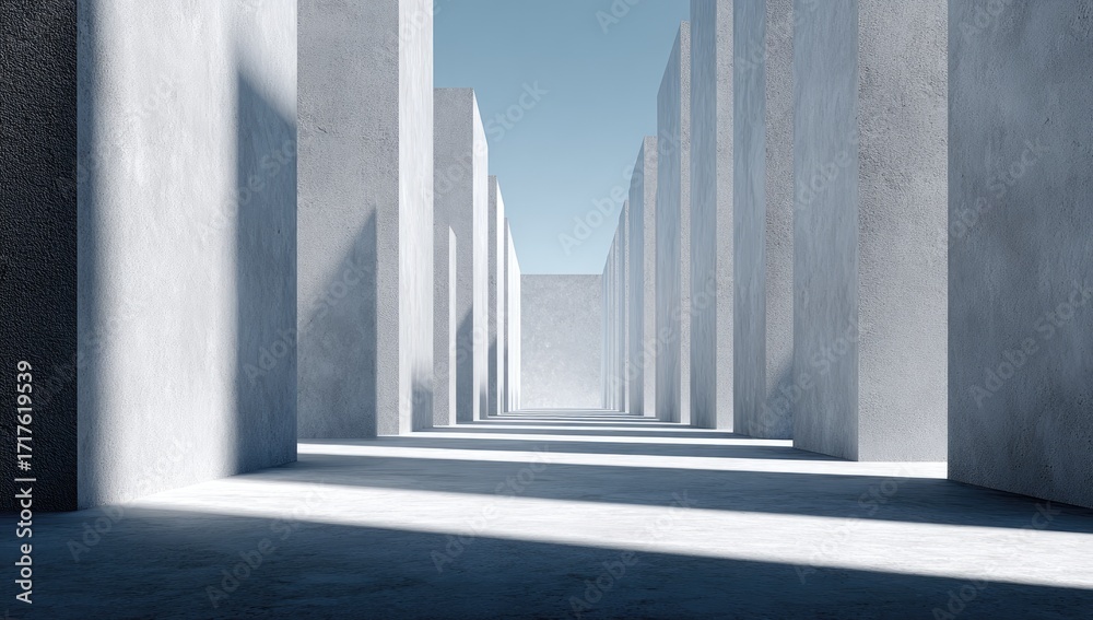 Fototapeta premium A minimalist, light-filled corridor of evenly spaced concrete blocks extends to a distant point against a clear blue sky.