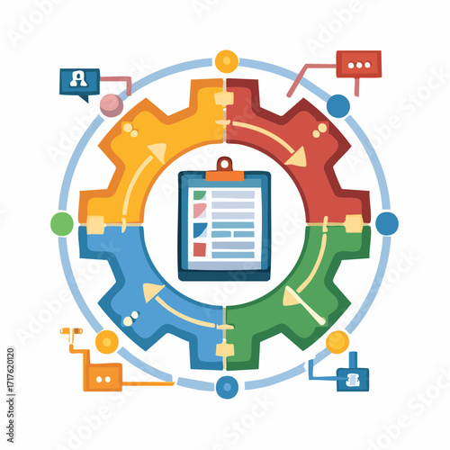 Colorful Gear Illustrating a Business Workflow and Project Management Cycle