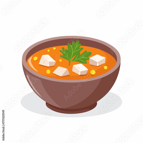 Bowl of Tomato Soup with Tofu and Parsley Garnish Fresh Vegetarian Soup Illustration
