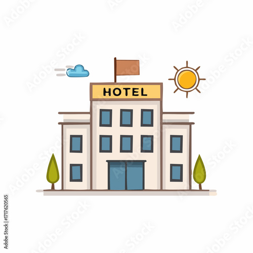 Vibrant cartoon illustration of a welcoming hotel building under sunny skies with wispy clouds and green trees