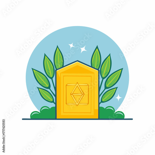 Golden Shrine Icon Surrounded by Green Leaves and Nature Vector Illustration
