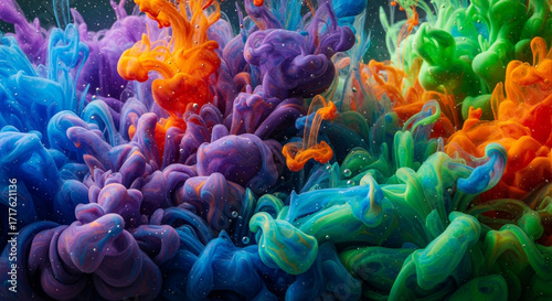 Vibrant ink clouds swirl in water, creating dynamic, abstract art with mesmerizing colors and fluid motion perfect for design inspiration.