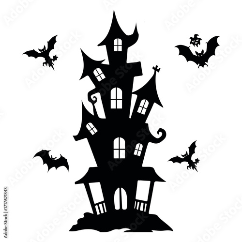 spooky haunted house silhouette with flying bats isolated on white background for halloween design