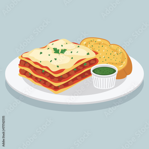 vector flat color of serving piece of lasagna on a white plate, slices of garlic bread and a small cup of pesto