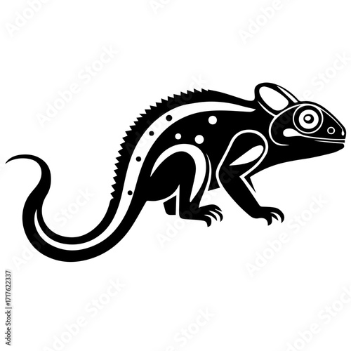 Illustration of a black chameleon with white spots and a curled tail on a white background design vector