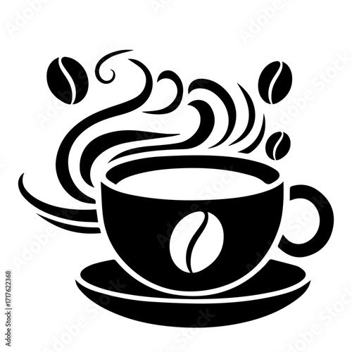 Silhouette of a coffee cup with steam and coffee beans scattered around it on a white background art