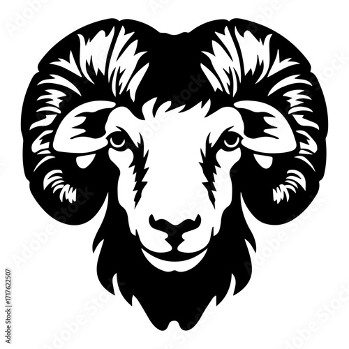 Illustration of a ram head with large curved horns in black and white vector graphic style design