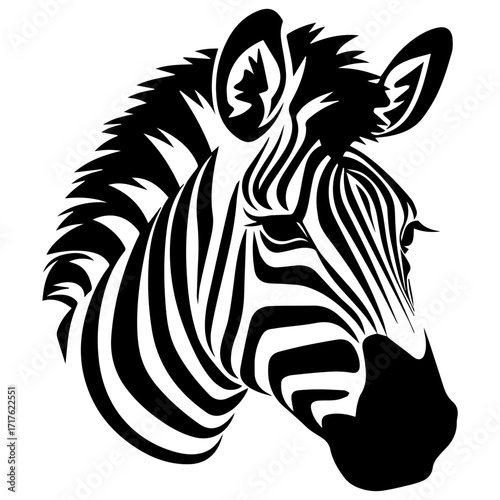 Illustration of a standing zebra with black and white stripes in a side view on a white background
