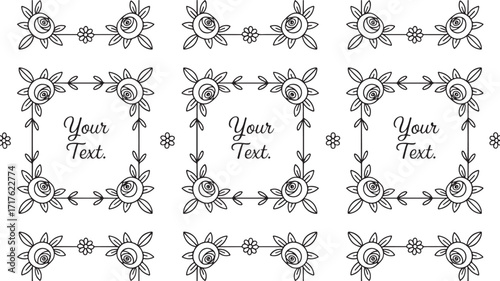 Elegant black and white floral frames with space for text perfect for wedding invitations or any elegant design project needing a classic and sophisticated touch