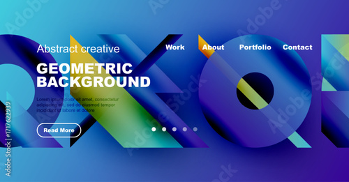 Vibrant geometric background design. Blue hues dominate, text overlays present work, about, portfolio, contact options.
