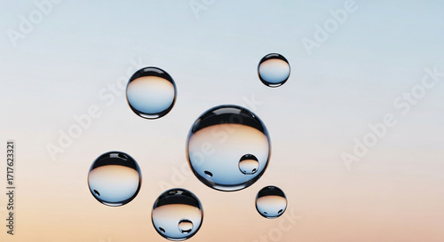 Sparkling water droplets suspended beautifully against a soft, gradient sky evoking purity, refreshment, and a serene, clean aesthetic perfect for health or beauty campaigns.