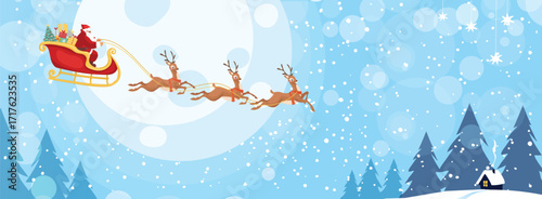 Santa Claus flies in his sleigh with reindeer over a winter forest under a full moon. Flat vector Christmas illustration, modern winter background.