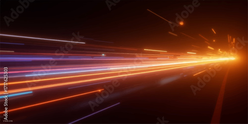 Motion-blurred streaks of light from cars create a vibrant, abstract tapestry of speed and travel on a city highway at night