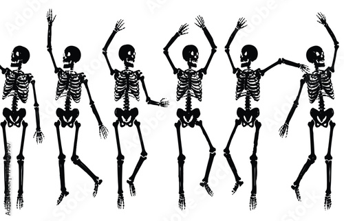An energetic ensemble of six stylized skeletal figures expressing joy through various dynamic dance poses, ready for festive designs and lively celebrations