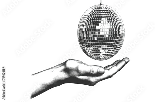 A detailed black and white artistic rendering of a hand offering a shimmering mirror ball, an iconic object for nightclub and celebration themes