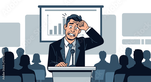 Stressed Businessman Giving a Presentation Worried Speaker Bad News Financial Crisis