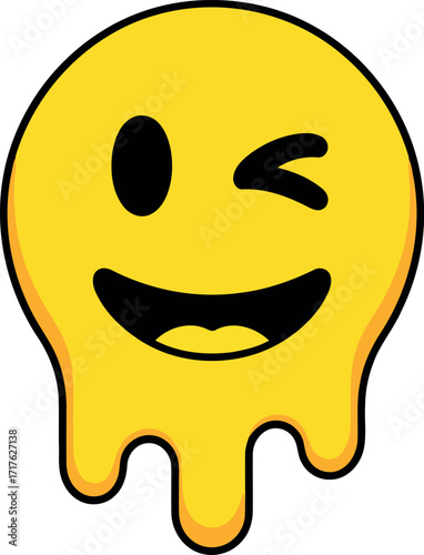 Melting smiley face winking emoji dripping joyful expression vector
