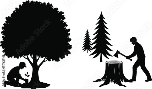 Silhouette of man planting tree and lumberjack cutting wood with axe, forest conservation, deforestation concept, nature protection, environmental awareness