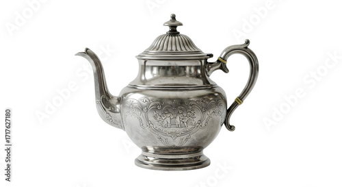 Obraz na płótnie Silver ornate teapot reflects light, showcasing engraved details