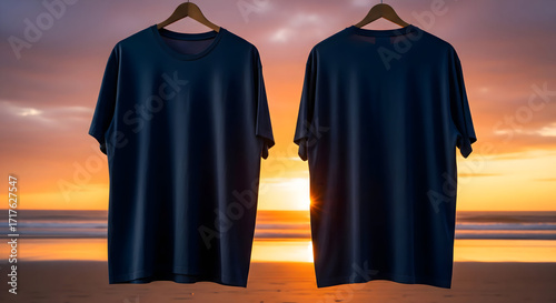 Navy Blue Oversized Plain T-Shirt Mockup, Front and Back Views, Hanging on Hanger, Outdoor Sunset Background, AI-Generated Image