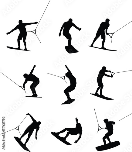 Wakeboarder silhouettes, water sports action, wakeboarding poses, extreme sport vector, aquatic adventure, dynamic motion, outdoor recreation, summer activity
