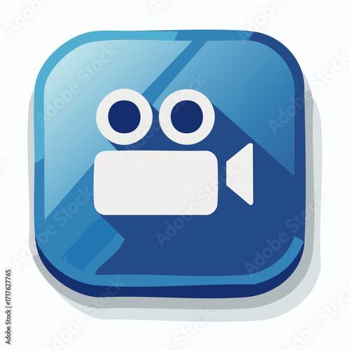 A stylized blue square icon featuring a white silhouette of a vintage movie camera, casting a long shadow