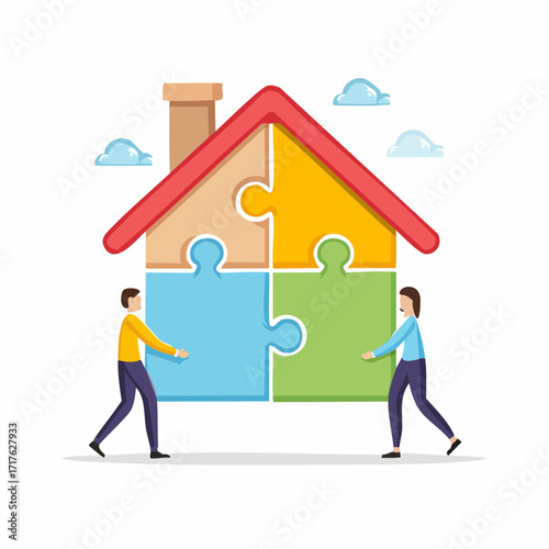 Man and woman assembling a large house-shaped jigsaw puzzle, a conceptual illustration of teamwork for home ownership and property investment