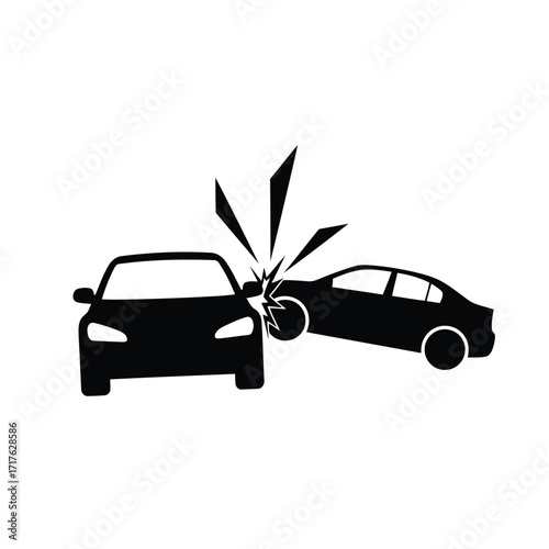 Vector illustration of black silhouette of two cars colliding headon