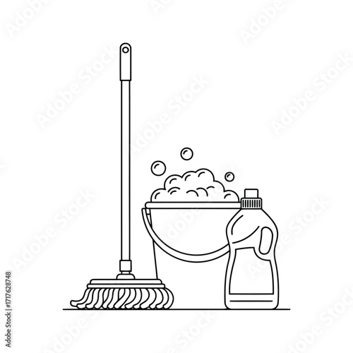 Vector illustration of line art illustration of a mop, bucket with foam, and cleaning liquid bottle