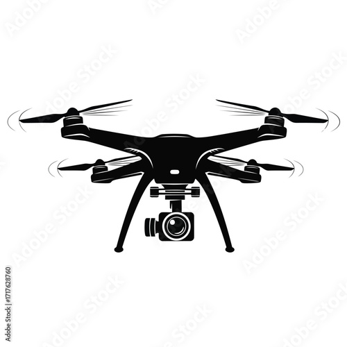 Vector illustration of black silhouette of a drone with a camera mounted on a gimbal
