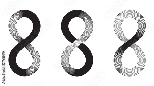 Three abstract infinity symbols rendered in grayscale with varying shades and textures representing concepts of eternity endlessness and continuous flow