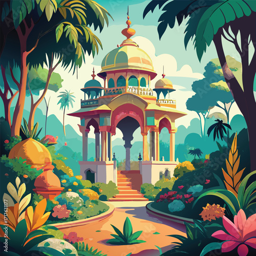 Idyllic Tropical Palace with Vibrant Flora and Lush Exotic Greenery