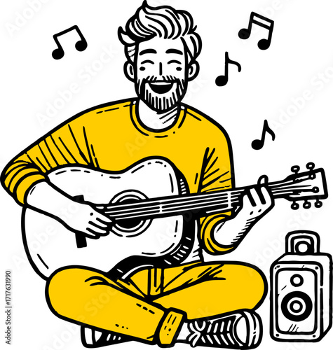 Hand drawn style flat vector design illustration of a happy man with guitar playing music